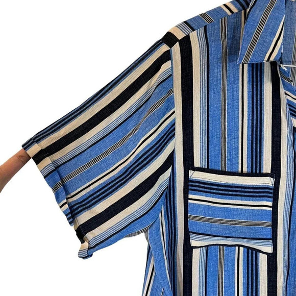 Kori Striped Romper Medium Blue White Black Striped Pockets Drawstring Waist - Picture 6 of 7